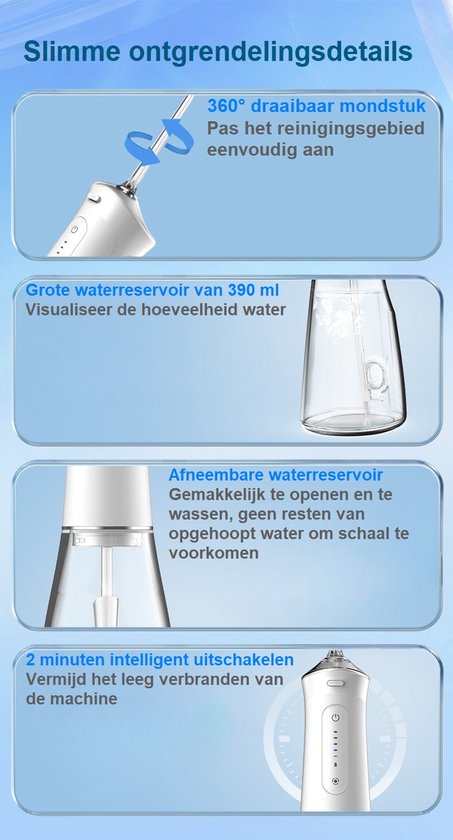 Waterflosser met 390 ml waterreservior en 4 opzetstukken