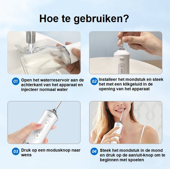Waterflosser met 390 ml waterreservior en 4 opzetstukken
